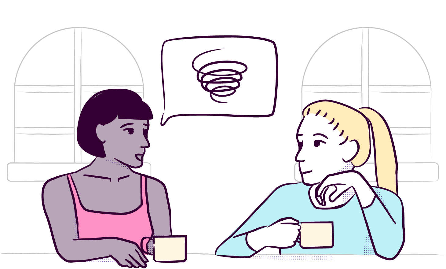 illustration of two women talking over coffee at table