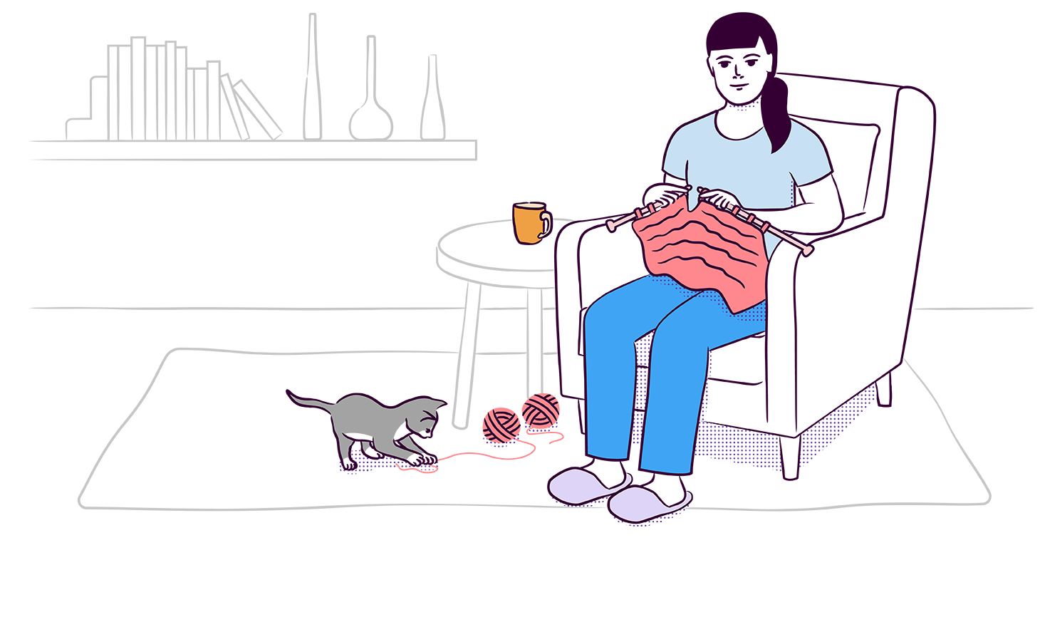 Illustration of a person knitting in a chair as a kitten plays with the yarn