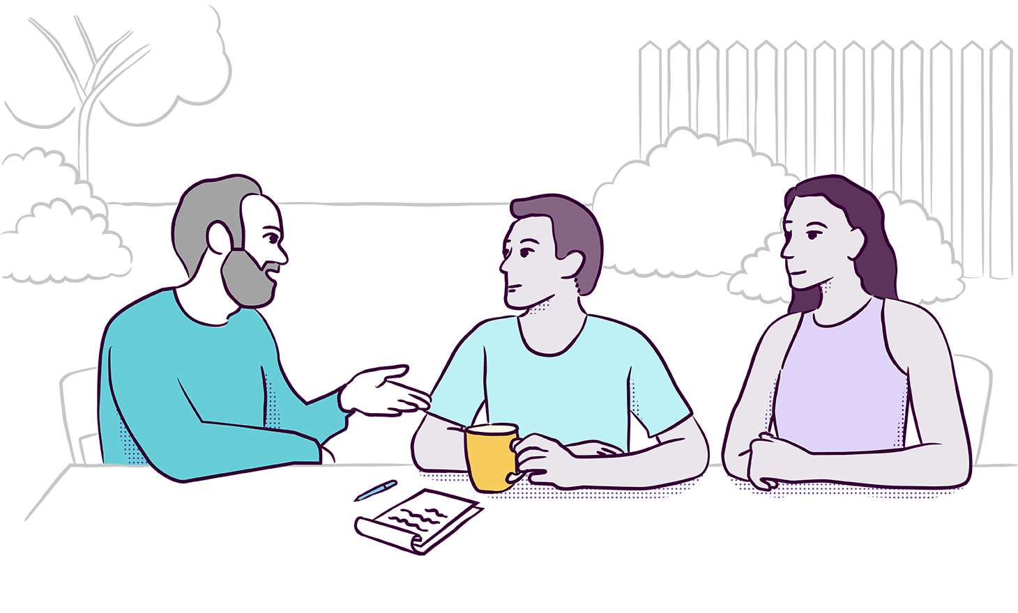 Illustration of three people in discussion at a table