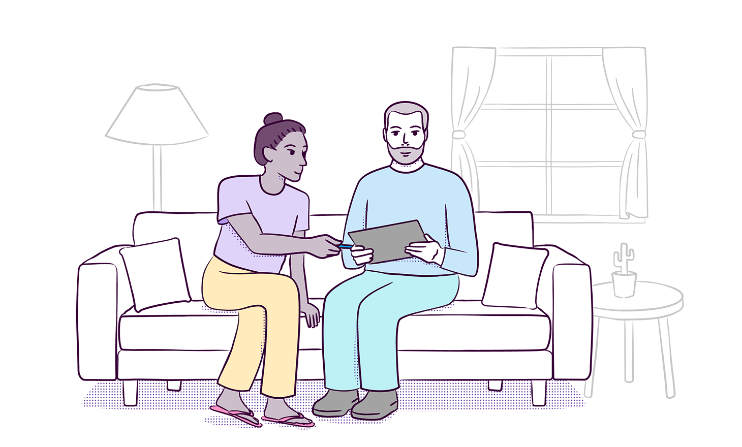 Illustration of two people sitting on a couch looking at a device