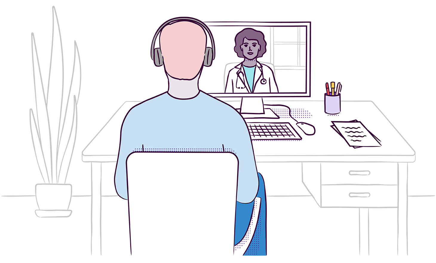 Illustration of someone talking talking to a health professional online
