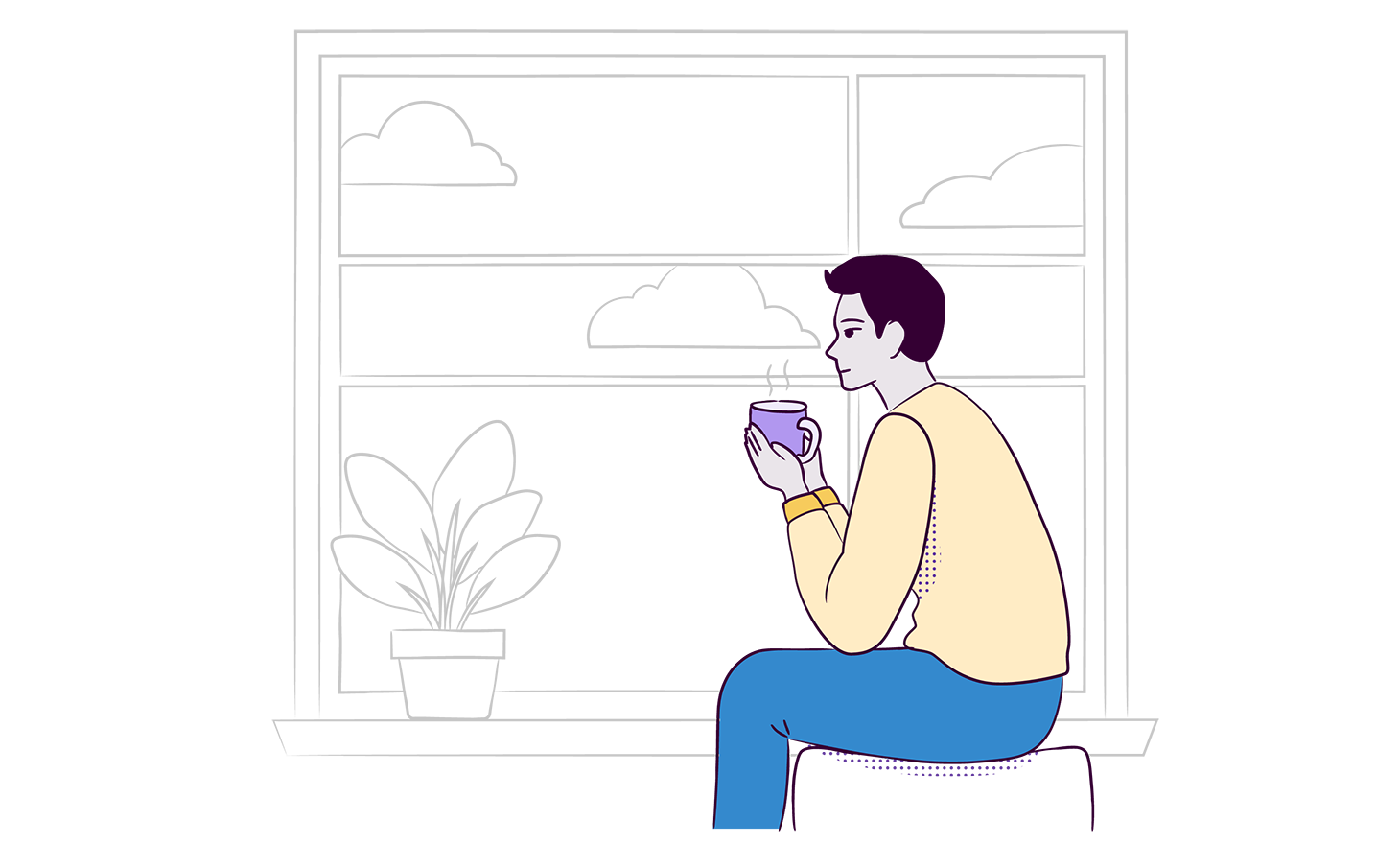 Illustration of man sitting with coffee looking out the window