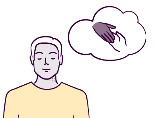 illustration of a man thinking, with a thought bubble containing clasped hands