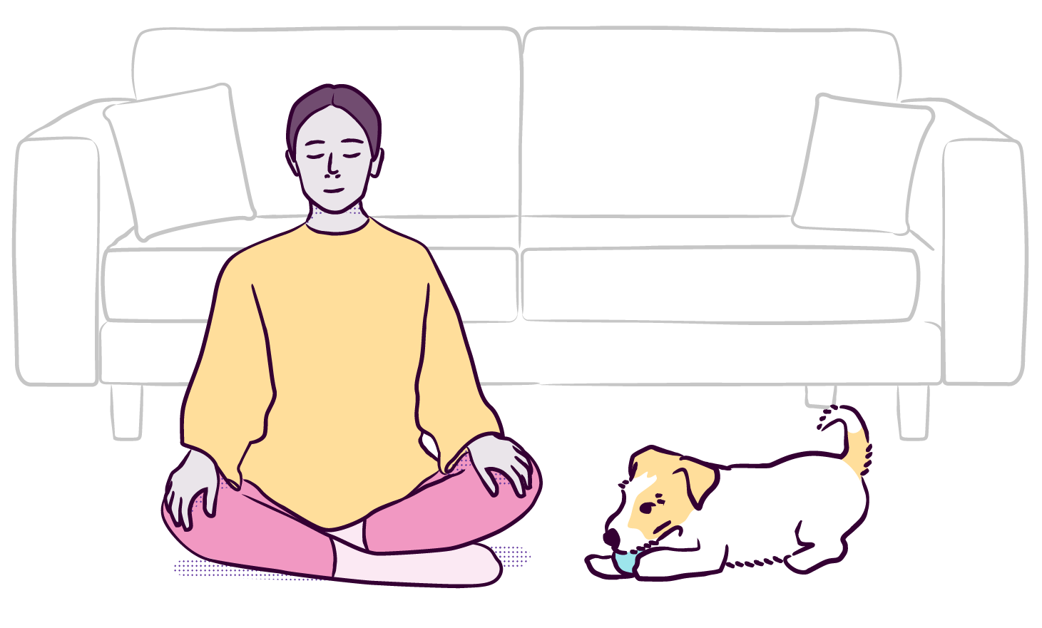 illustration of a person meditating as a dog plays next to them